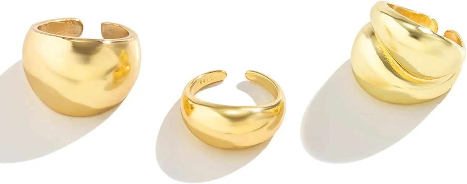 Rrdaily Chunky Gold Rings Set for Women,Irregular Adjustable Gold Silver Thick Rings Fashion Statement Open Dome Ring Geometric Aesthetic Stacked Rings Curved Minimalist Simple Rings