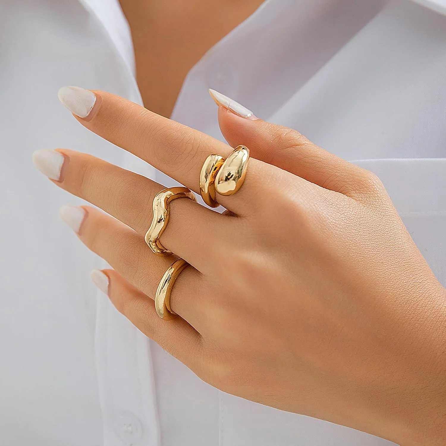 Rrdaily Chunky Gold Rings Set for Women,Irregular Adjustable Gold Silver Thick Rings Fashion Statement Open Dome Ring Geometric Aesthetic Stacked Rings Curved Minimalist Simple Rings