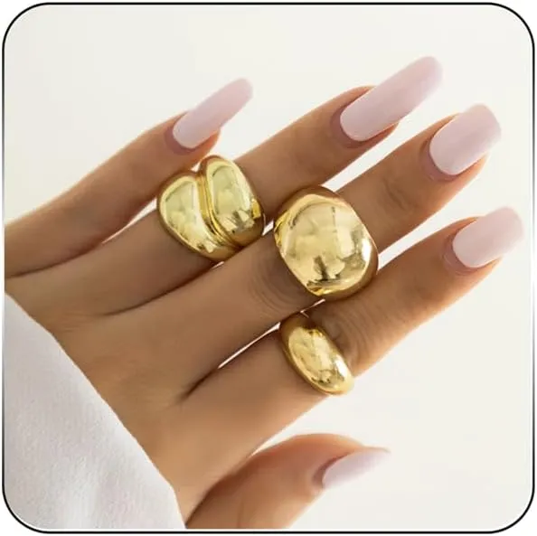 Rrdaily Chunky Gold Rings Set for Women,Irregular Adjustable Gold Silver Thick Rings Fashion Statement Open Dome Ring Geometric Aesthetic Stacked Rings Curved Minimalist Simple Rings
