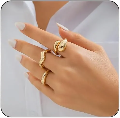 Rrdaily Chunky Gold Rings Set for Women,Irregular Adjustable Gold Silver Thick Rings Fashion Statement Open Dome Ring Geometric Aesthetic Stacked Rings Curved Minimalist Simple Rings