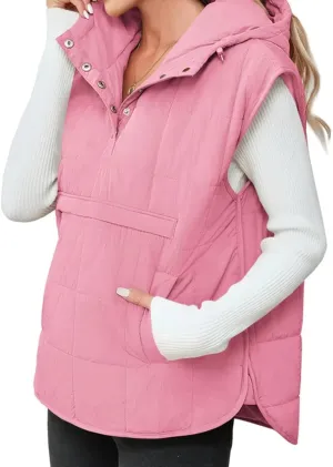 Saodimallsu Womens Quilted Puffer Vest Sleeveless Hoodies Fall Winter Tops with Kangaroo Pockets
