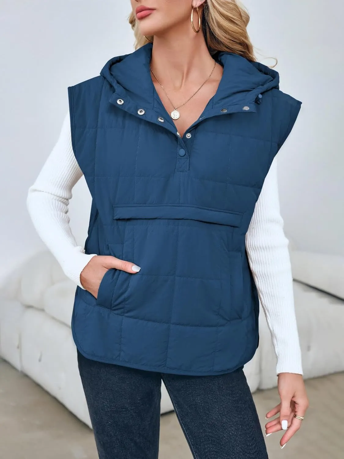 Saodimallsu Womens Quilted Puffer Vest Sleeveless Hoodies Fall Winter Tops with Kangaroo Pockets