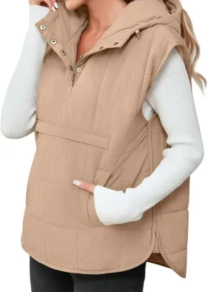 Saodimallsu Womens Quilted Puffer Vest Sleeveless Hoodies Fall Winter Tops with Kangaroo Pockets