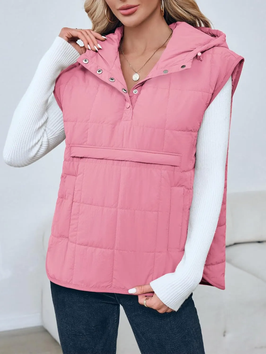 Saodimallsu Womens Quilted Puffer Vest Sleeveless Hoodies Fall Winter Tops with Kangaroo Pockets