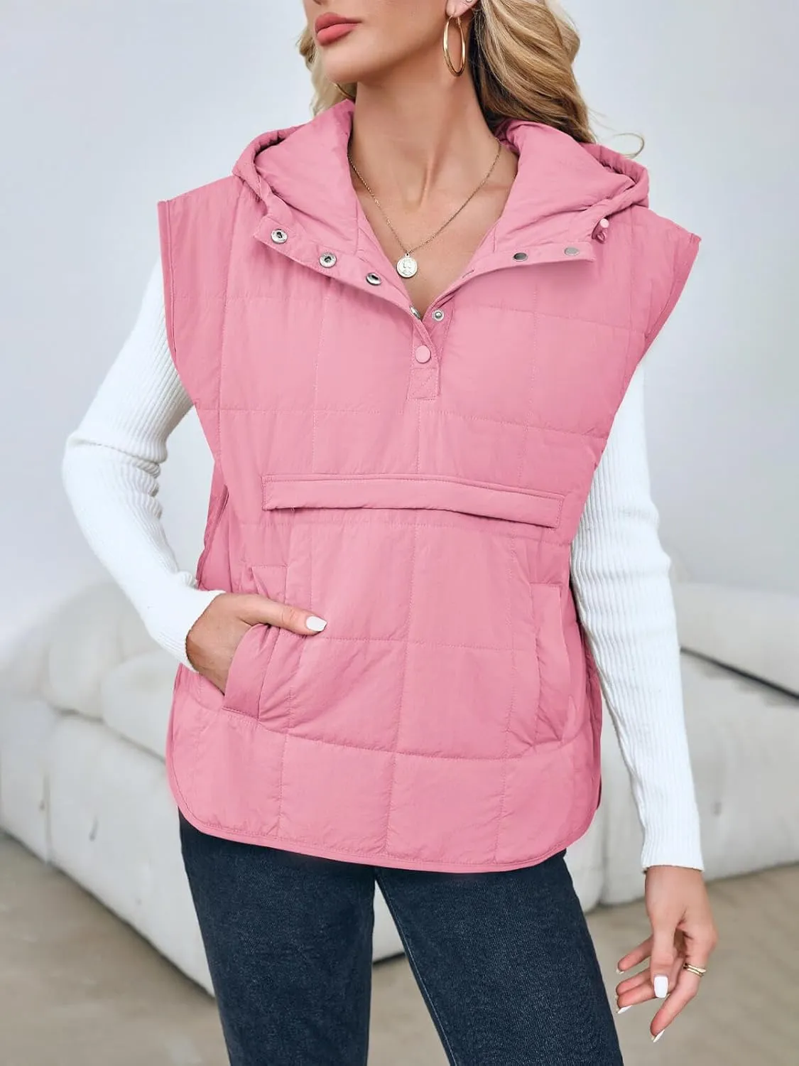 Saodimallsu Womens Quilted Puffer Vest Sleeveless Hoodies Fall Winter Tops with Kangaroo Pockets