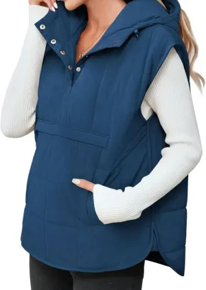 Saodimallsu Womens Quilted Puffer Vest Sleeveless Hoodies Fall Winter Tops with Kangaroo Pockets