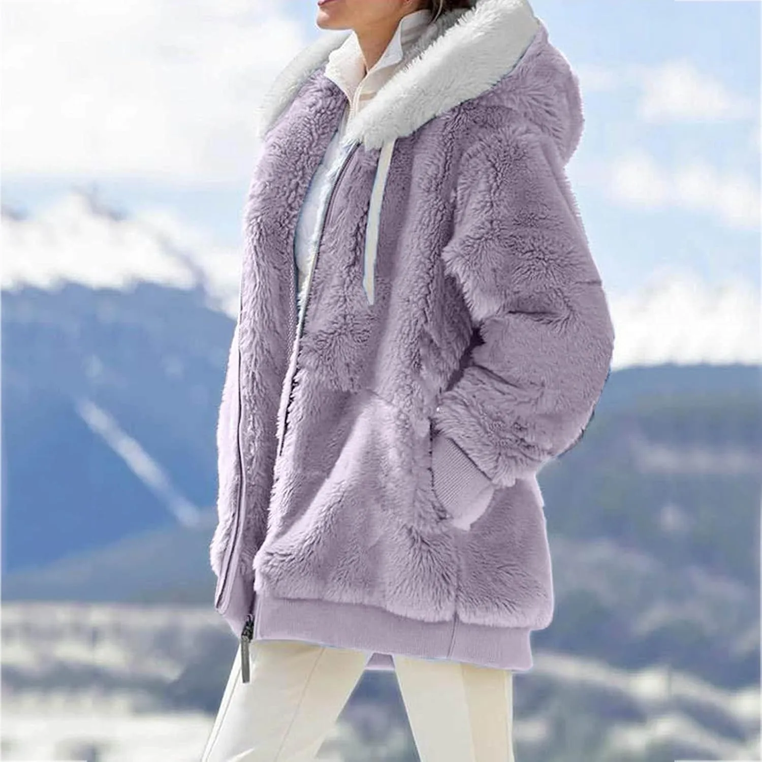 SHAOBGE Oversized Fuzzy Fleece Jackets For Women Fashion 2024 Color Block Faux Fur Cardigan Coat Shaggy Warm Winter Outerwear