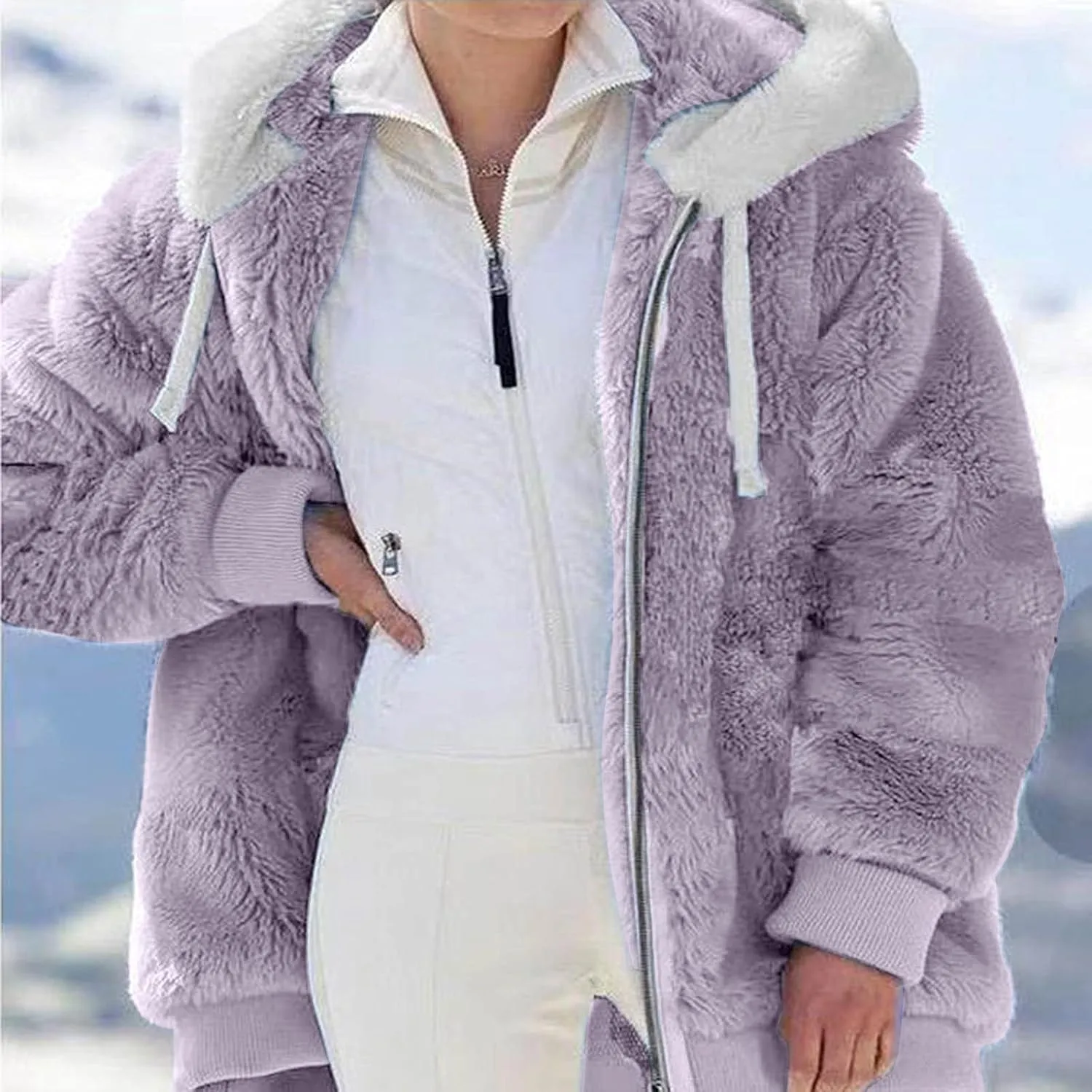 SHAOBGE Oversized Fuzzy Fleece Jackets For Women Fashion 2024 Color Block Faux Fur Cardigan Coat Shaggy Warm Winter Outerwear