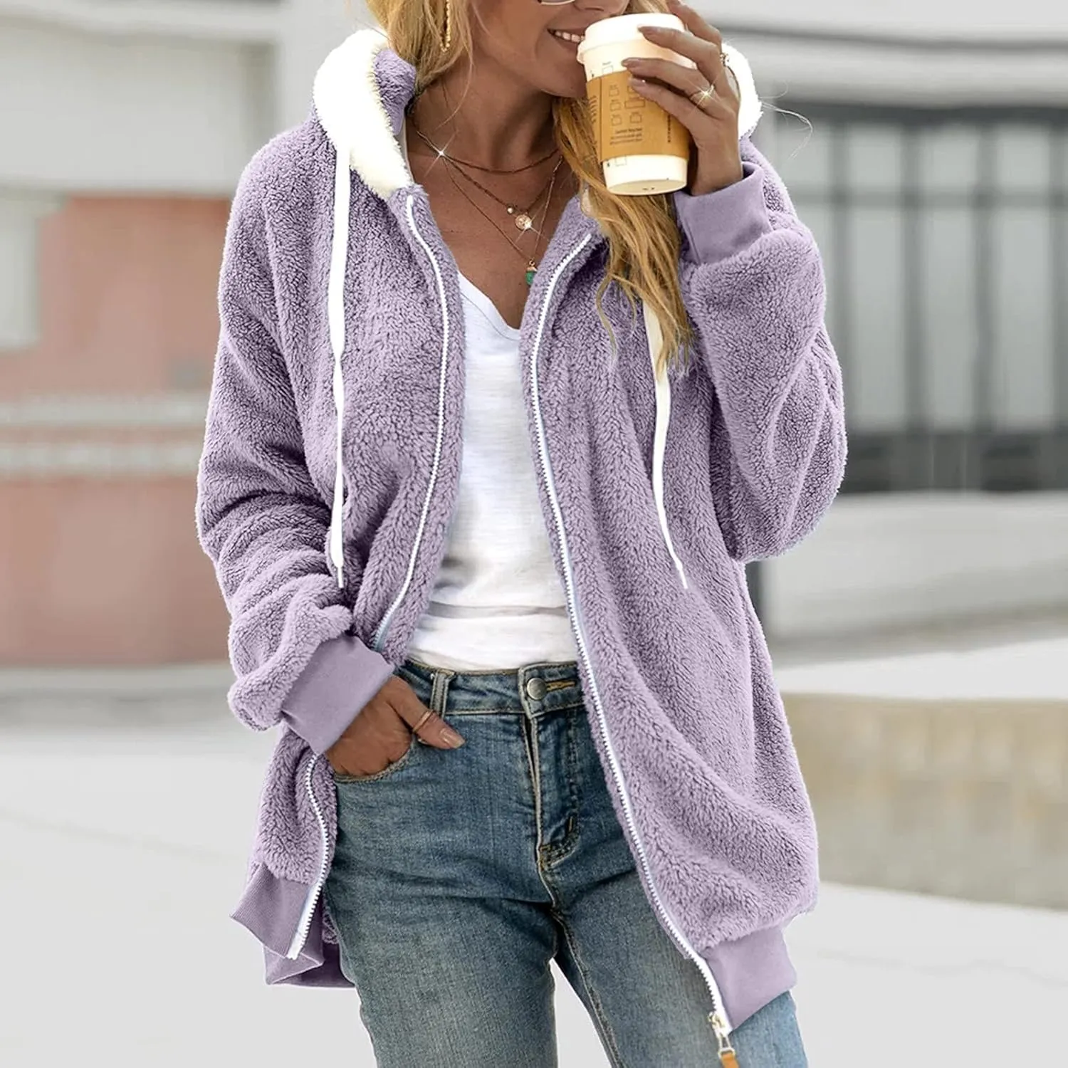 SHAOBGE Oversized Fuzzy Fleece Jackets For Women Fashion 2024 Color Block Faux Fur Cardigan Coat Shaggy Warm Winter Outerwear