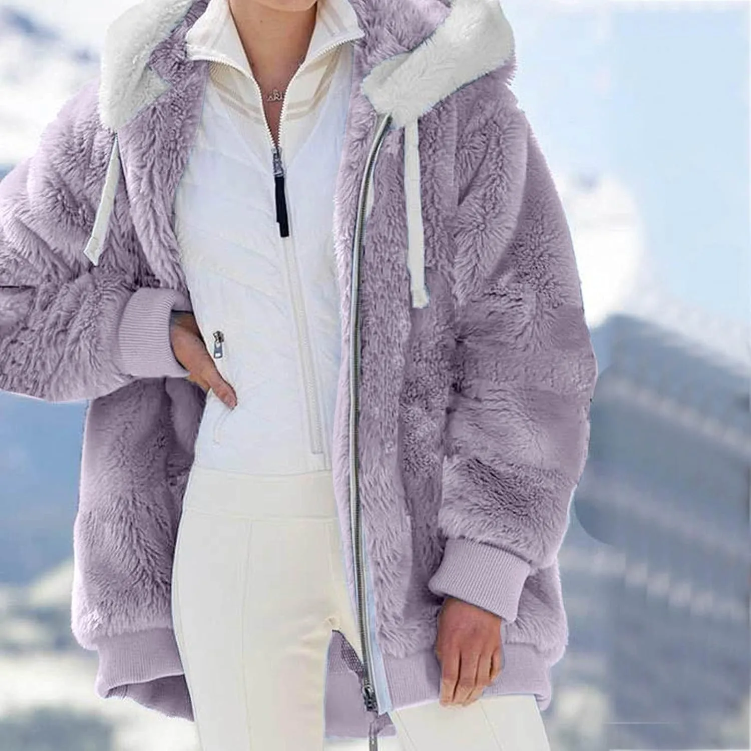SHAOBGE Oversized Fuzzy Fleece Jackets For Women Fashion 2024 Color Block Faux Fur Cardigan Coat Shaggy Warm Winter Outerwear