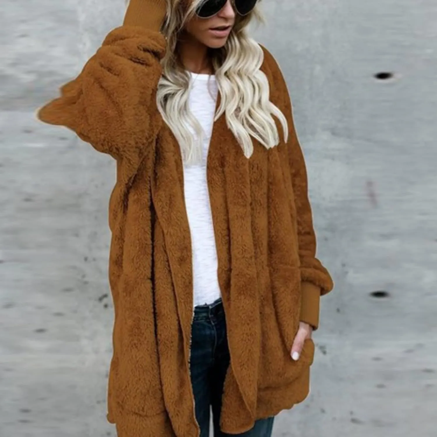 Sherpa Fleece Jacket for Women Plus Size Open Front Cardigan Sweaters Soft Fluffy Outerwear Winter Coats with Pocket