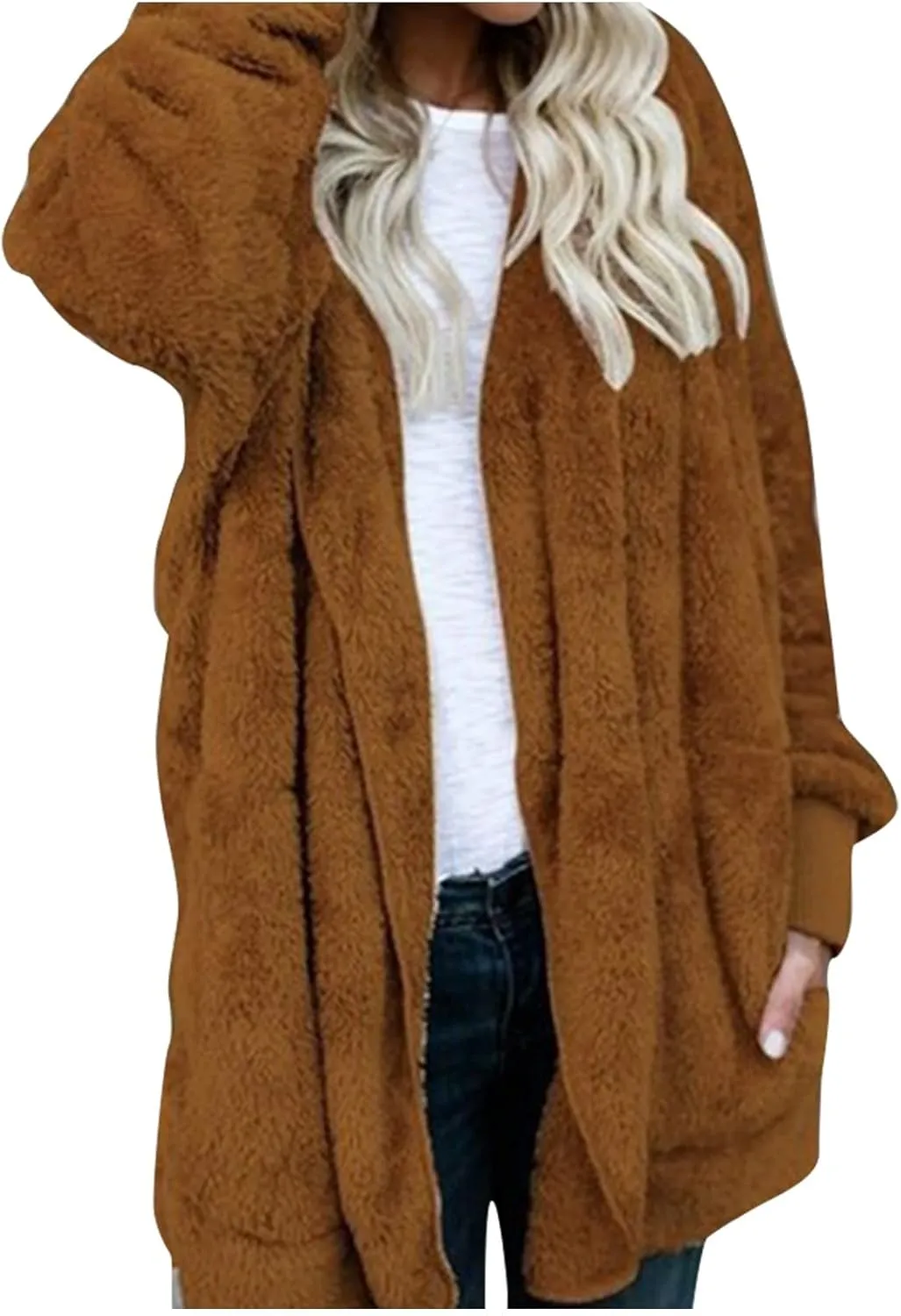 Sherpa Fleece Jacket for Women Plus Size Open Front Cardigan Sweaters Soft Fluffy Outerwear Winter Coats with Pocket