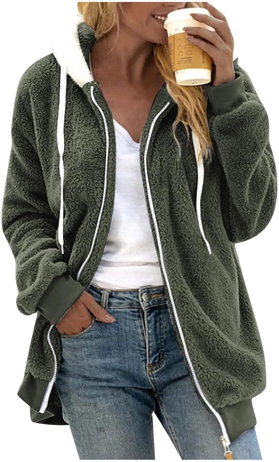 Sherpa Jacket Women Fleece Zip Up Jacket Winter 2024 Trendy Fuzzy Warm Hoodie Outerwear Coat with Pockets
