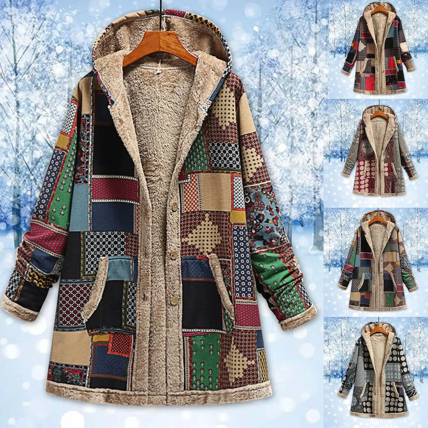 Sherpa Lined Jacket for Women Thick Long Sleeve Warm Winter Coats Vintage Western Print Fleece Outwear Hoodie
