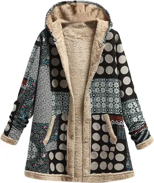 Sherpa Lined Jacket for Women Thick Long Sleeve Warm Winter Coats Vintage Western Print Fleece Outwear Hoodie