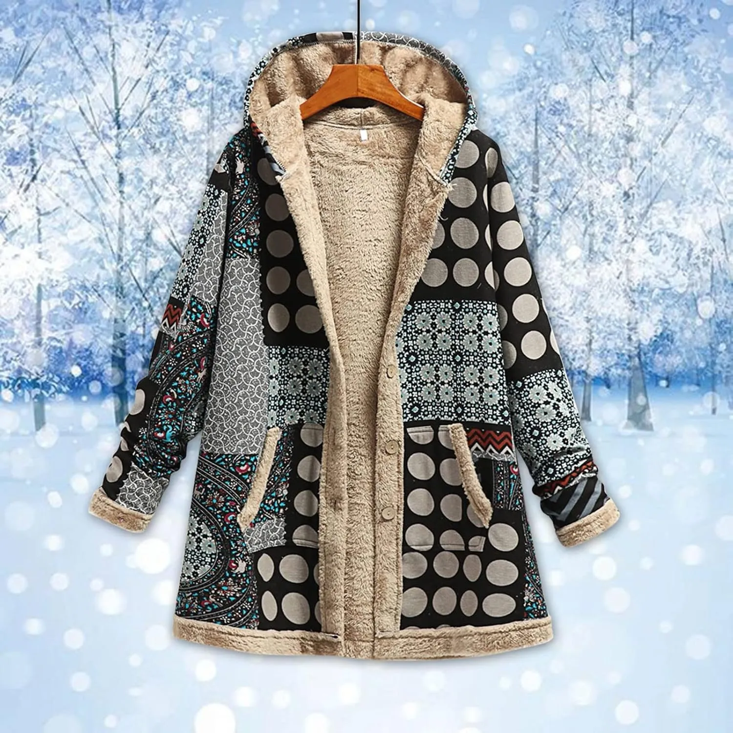 Sherpa Lined Jacket for Women Thick Long Sleeve Warm Winter Coats Vintage Western Print Fleece Outwear Hoodie