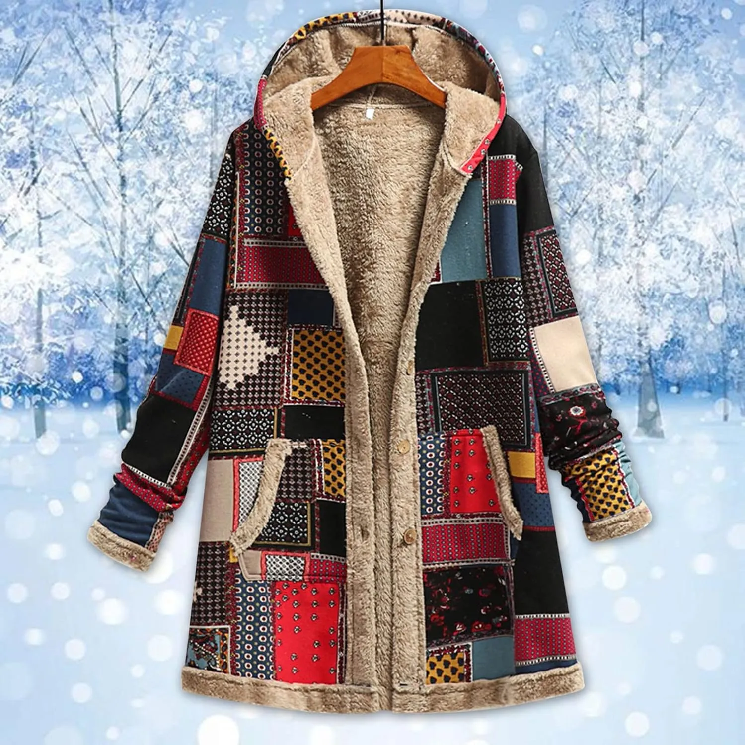 Sherpa Lined Jacket for Women Thick Long Sleeve Warm Winter Coats Vintage Western Print Fleece Outwear Hoodie