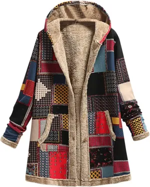 Sherpa Lined Jacket for Women Thick Long Sleeve Warm Winter Coats Vintage Western Print Fleece Outwear Hoodie