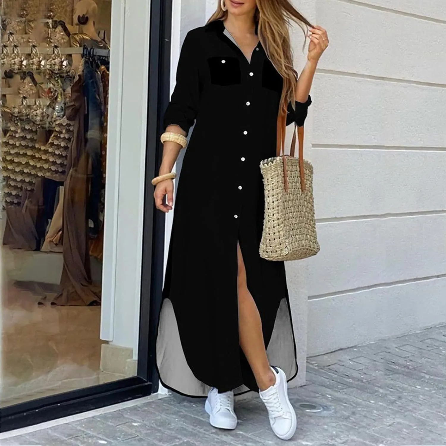 Shift Dress for Women V Neck Short Sleeves Solid Color Casual Flowy Summer Dresses Long Sleeve Button Down Loose Shirt Dress