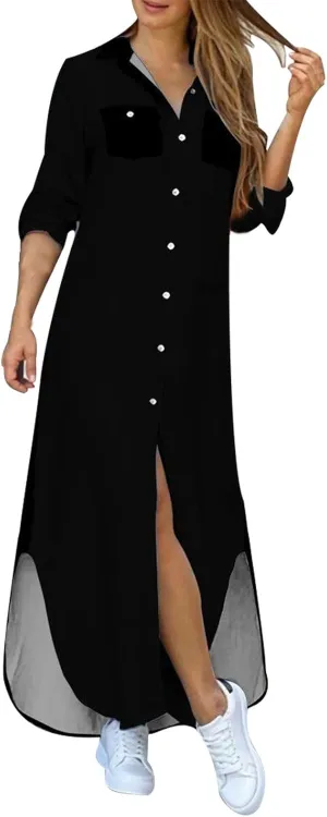 Shift Dress for Women V Neck Short Sleeves Solid Color Casual Flowy Summer Dresses Long Sleeve Button Down Loose Shirt Dress
