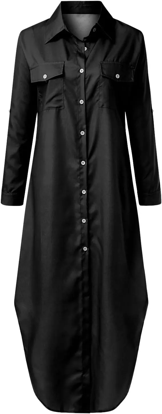 Shift Dress for Women V Neck Short Sleeves Solid Color Casual Flowy Summer Dresses Long Sleeve Button Down Loose Shirt Dress