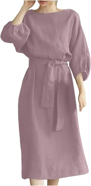 SHOPESSA Linen Dresses for Women 2024 Casual Solid Color Work Dress Long Sleeve Tie Waist Knee Length Dress Boho Dress