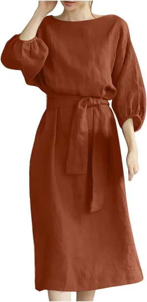 SHOPESSA Linen Dresses for Women 2024 Casual Solid Color Work Dress Long Sleeve Tie Waist Knee Length Dress Boho Dress