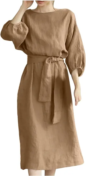SHOPESSA Linen Dresses for Women 2024 Casual Solid Color Work Dress Long Sleeve Tie Waist Knee Length Dress Boho Dress