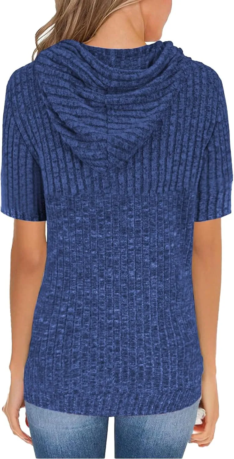 Short Sleeve Hoodies for Women Ribbed Knit Tops Casual T Shirts Oversized Sweatshirts Pullover with Kangaroo Pocket
