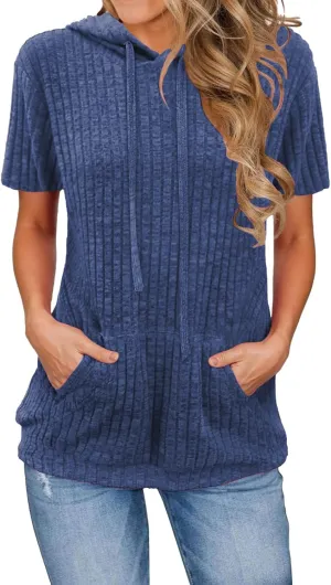 Short Sleeve Hoodies for Women Ribbed Knit Tops Casual T Shirts Oversized Sweatshirts Pullover with Kangaroo Pocket