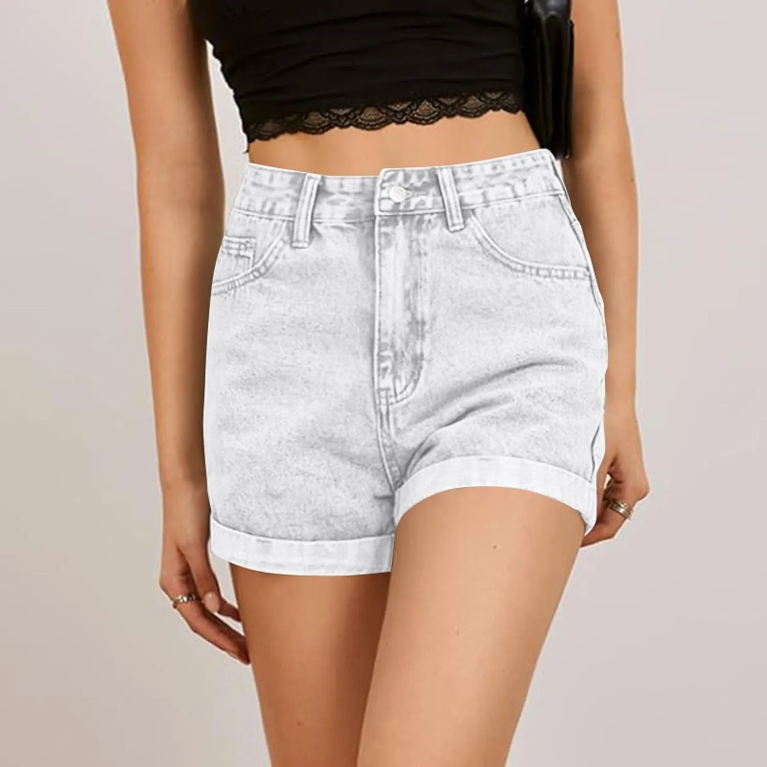 Shorts for Women High Waisted Stretch Fold Hem Wide Leg Jean Shorts Loose Fit Casual Denim Pants with Pockets
