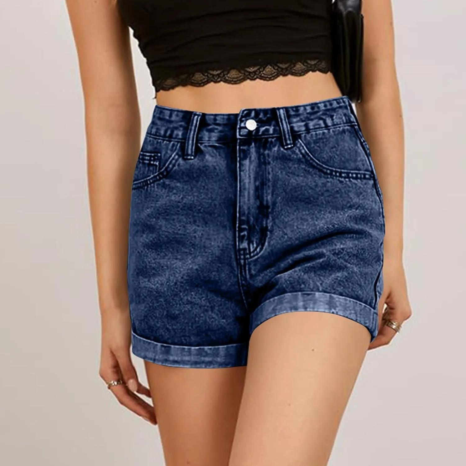 Shorts for Women High Waisted Stretch Fold Hem Wide Leg Jean Shorts Loose Fit Casual Denim Pants with Pockets