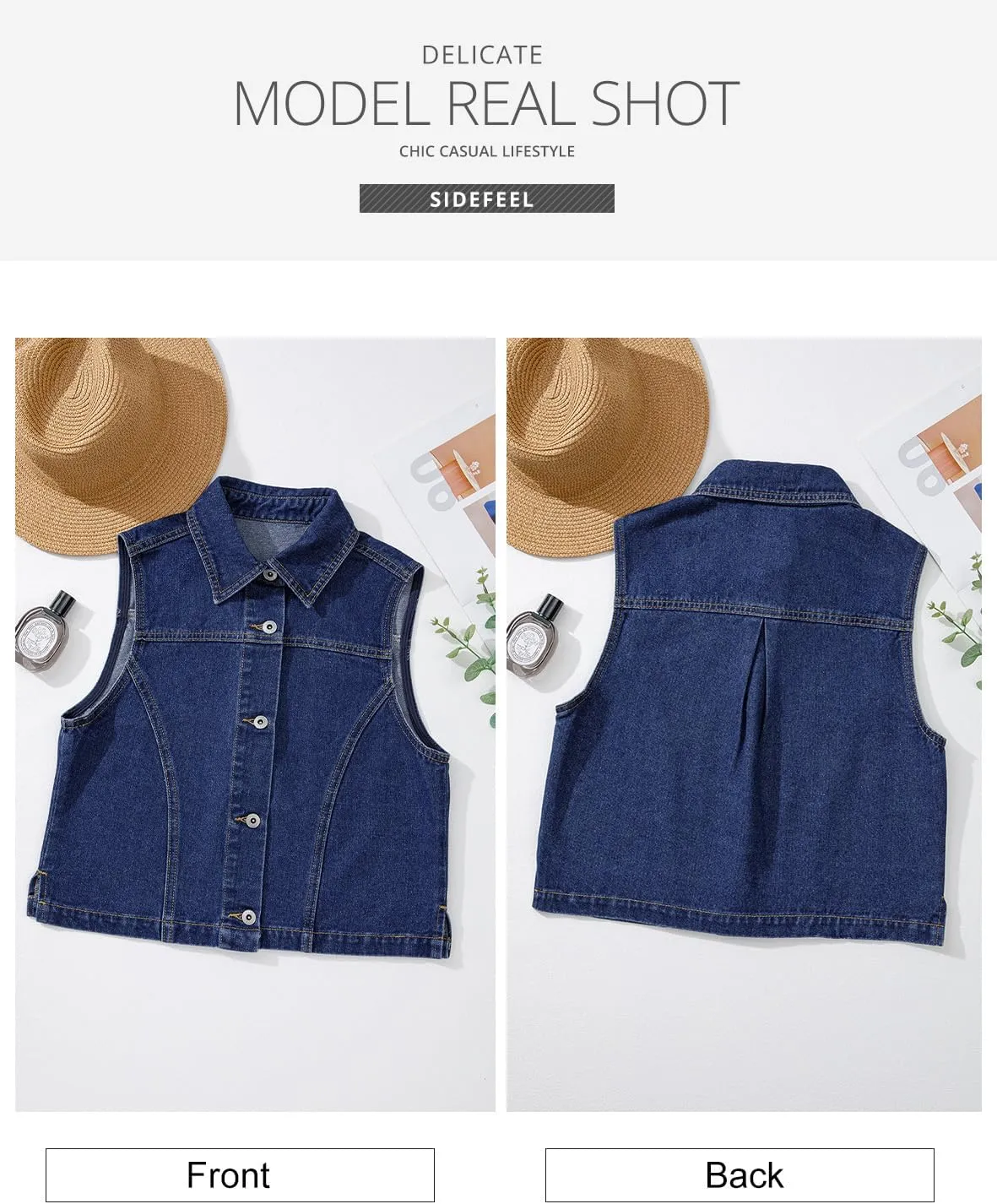 Sidefeel Women's Denim Vest Sleeveless Collared Zimbaplatinum Crop Jean Vest Top Button Down Waistcoat