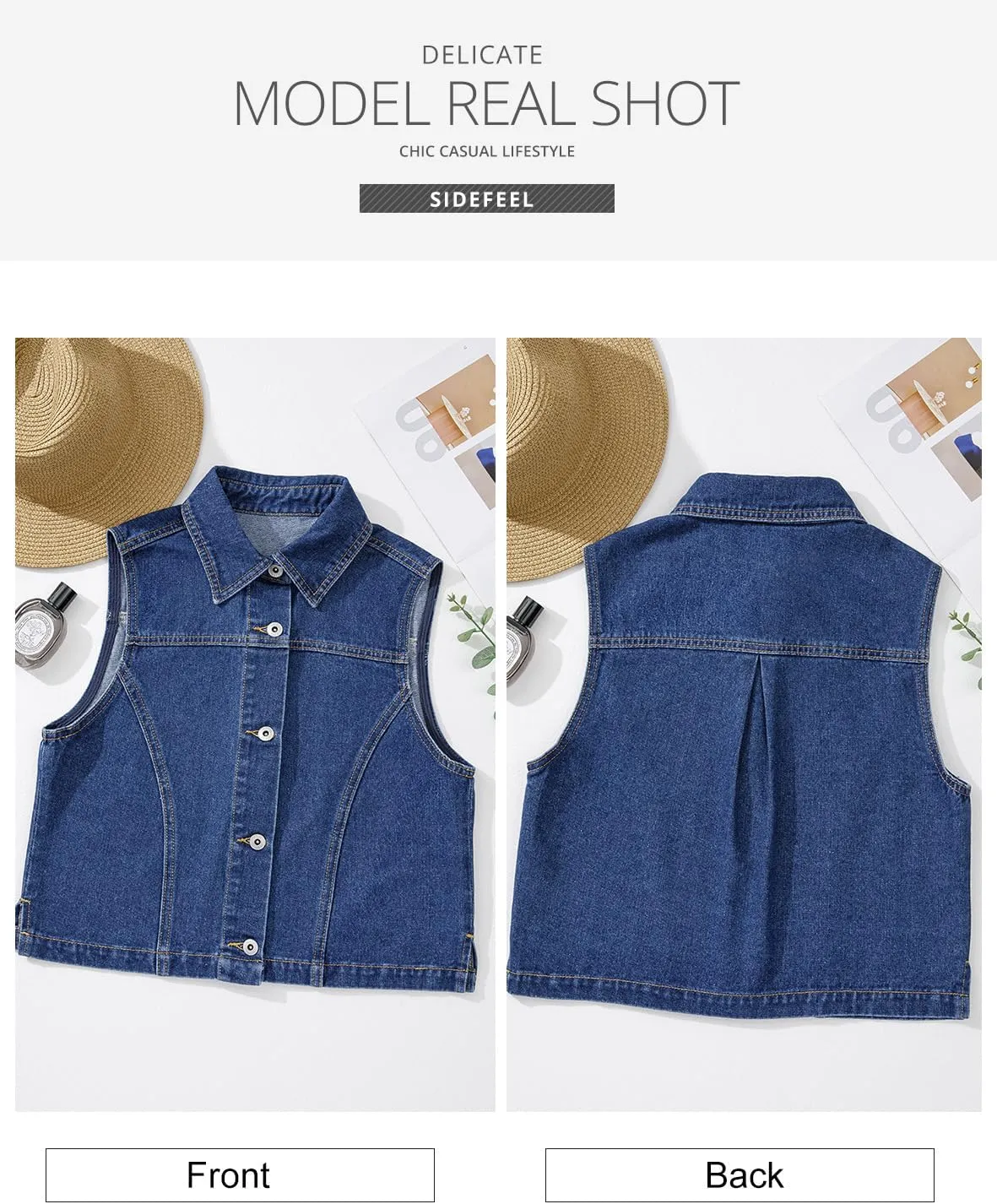 Sidefeel Women's Denim Vest Sleeveless Collared Zimbaplatinum Crop Jean Vest Top Button Down Waistcoat