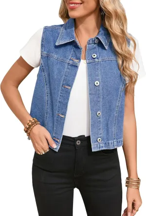Sidefeel Women's Denim Vest Sleeveless Collared Zimbaplatinum Crop Jean Vest Top Button Down Waistcoat