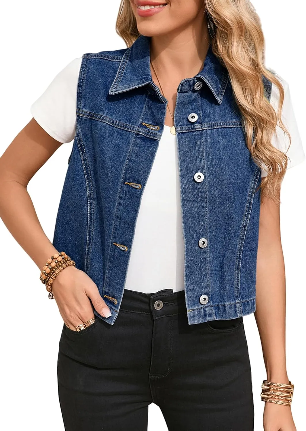 Sidefeel Women's Denim Vest Sleeveless Collared Zimbaplatinum Crop Jean Vest Top Button Down Waistcoat