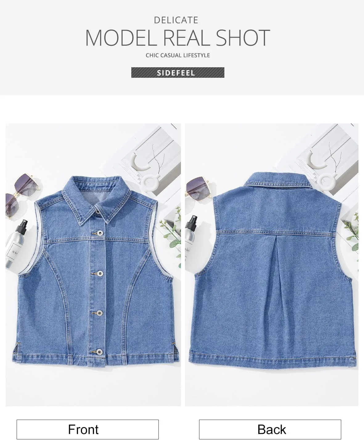 Sidefeel Women's Denim Vest Sleeveless Collared Zimbaplatinum Crop Jean Vest Top Button Down Waistcoat