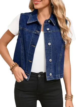 Sidefeel Women's Denim Vest Sleeveless Collared Zimbaplatinum Crop Jean Vest Top Button Down Waistcoat
