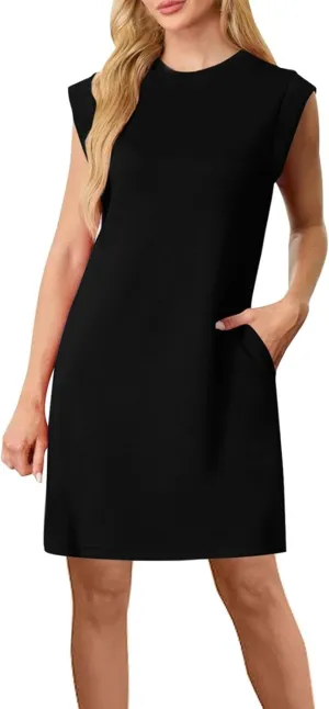 Sinzelimin Women's Pullover Dresses Fashion Solid Color Sleeveless Crewneck Loose Comfy Tank Mini Dress Summer Beach Sundress
