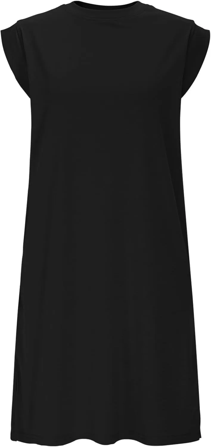 Sinzelimin Women's Pullover Dresses Fashion Solid Color Sleeveless Crewneck Loose Comfy Tank Mini Dress Summer Beach Sundress