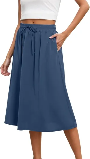 Skirts for Women Mid High Waisted Drawstring Casual Skirt Flowy Elastic Waist Baggy Elegant Trendy Skorts with Pockets