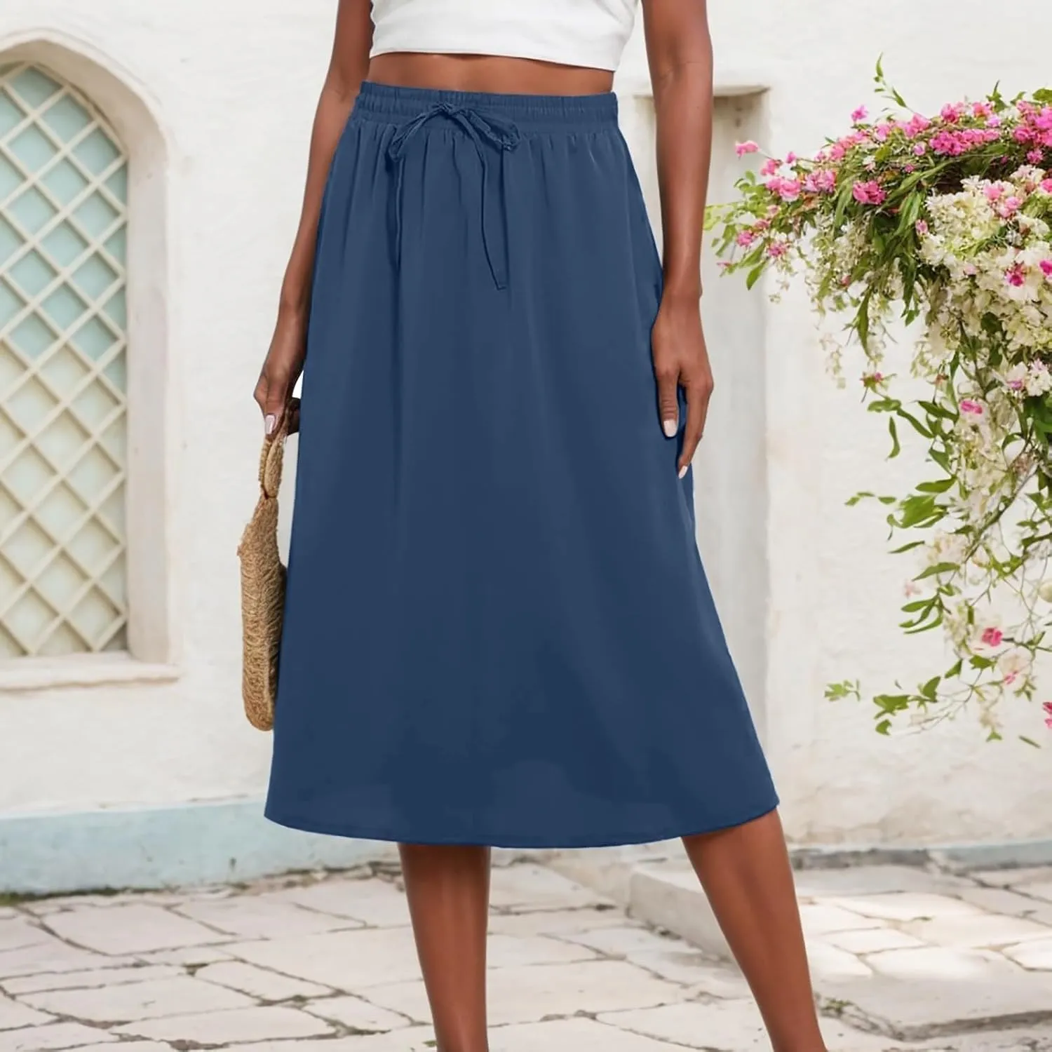 Skirts for Women Mid High Waisted Drawstring Casual Skirt Flowy Elastic Waist Baggy Elegant Trendy Skorts with Pockets