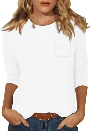 slqdgmryz 3/4 Length Sleeve Womens Tops Dressy Casual Crewneck Tshirts Shirts with Pocket Three Quarter Workout Blouses