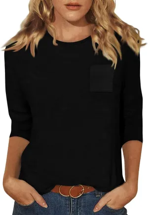 slqdgmryz 3/4 Length Sleeve Womens Tops Dressy Casual Crewneck Tshirts Shirts with Pocket Three Quarter Workout Blouses