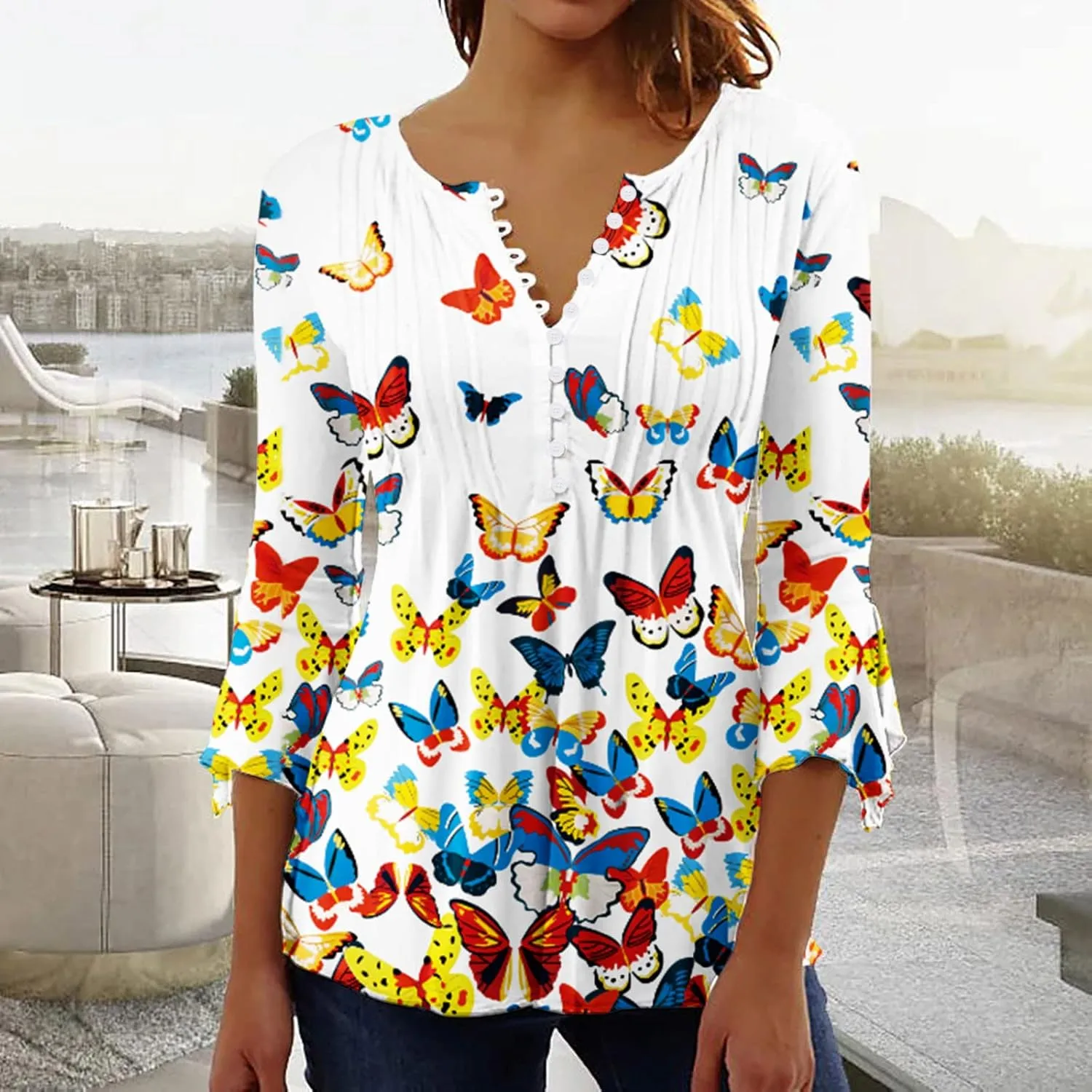 SMIDOW Tunic Tops for Women Loose Fit Spring Henley v Neck Shirt 3/4 Bell Sleeve Bohemian Floral Print t-Shirt Blouse Trendy