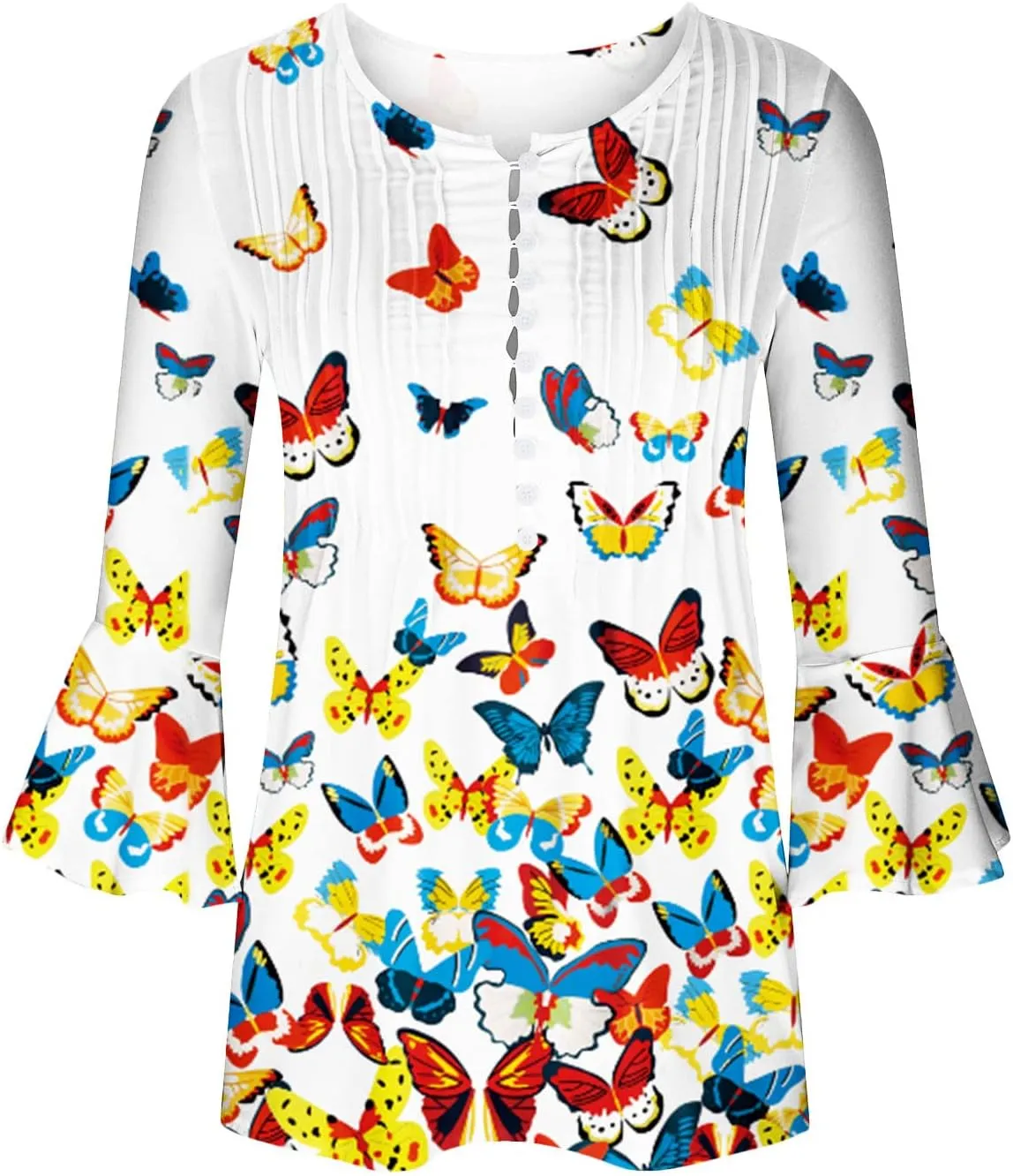 SMIDOW Tunic Tops for Women Loose Fit Spring Henley v Neck Shirt 3/4 Bell Sleeve Bohemian Floral Print t-Shirt Blouse Trendy