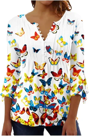 SMIDOW Tunic Tops for Women Loose Fit Spring Henley v Neck Shirt 3/4 Bell Sleeve Bohemian Floral Print t-Shirt Blouse Trendy