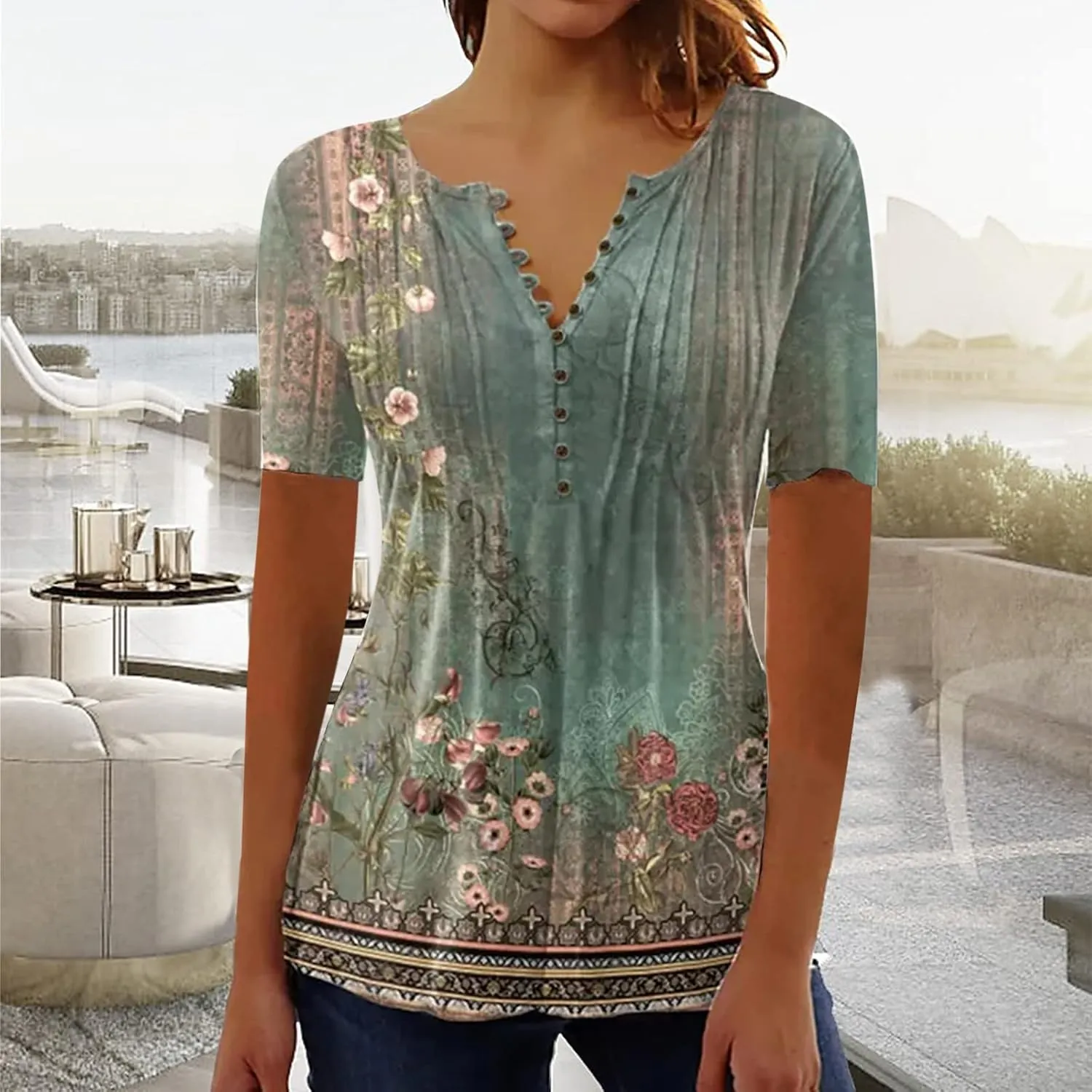SMIDOW Womens Tunic Tops Trendy Vintage Boho Shirts Short Sleeve Notch v Neck t-Shirt 2023 Casual Summer Blouse Empire Waist