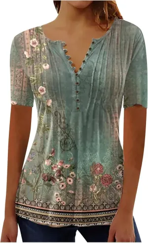SMIDOW Womens Tunic Tops Trendy Vintage Boho Shirts Short Sleeve Notch v Neck t-Shirt 2023 Casual Summer Blouse Empire Waist