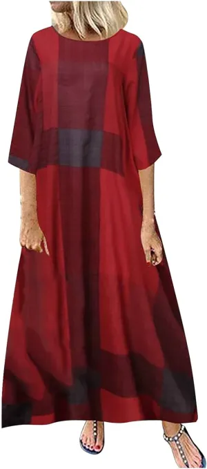 Spring Dresses for Women 2024 Casual 3/4 Sleeve Plus Size Maxi Dress A Line Shirt Flowy Swing Beach Vacation Long Sundress
